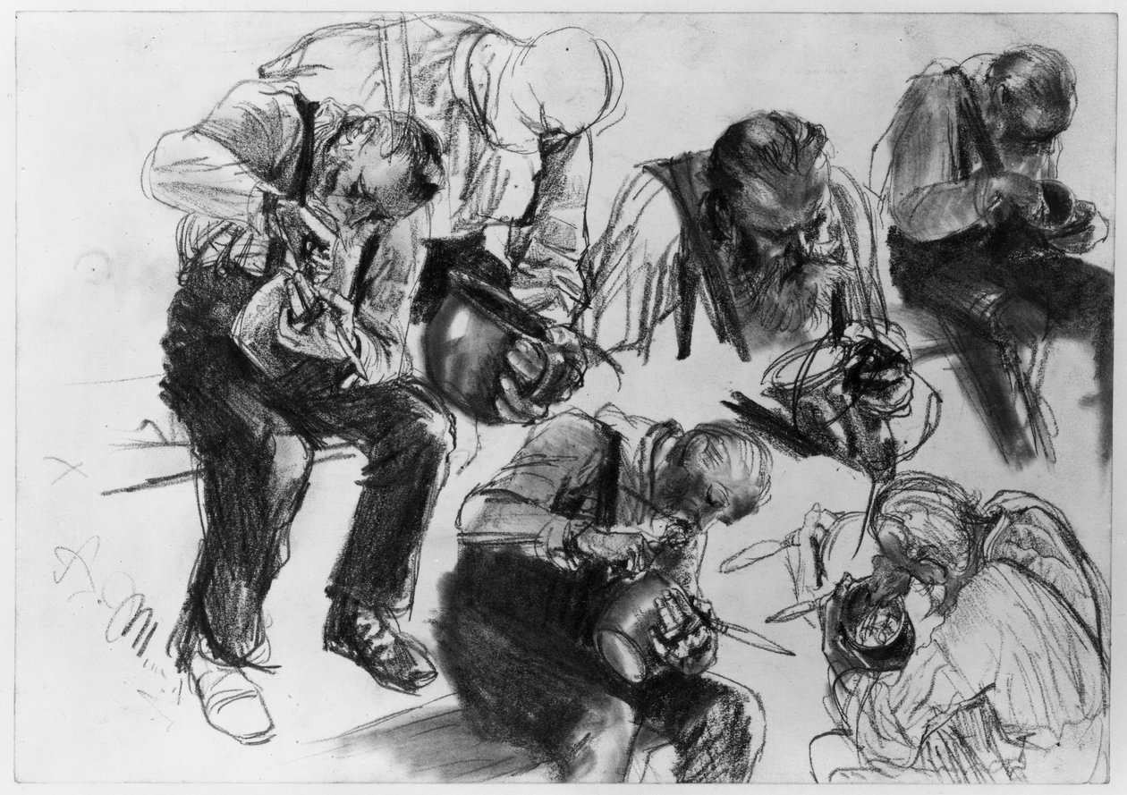 Arbejder, der spiser, set fra flere vinkler. Studie til »Jernvalsværket. Moderne kykloper« af Adolph Menzel