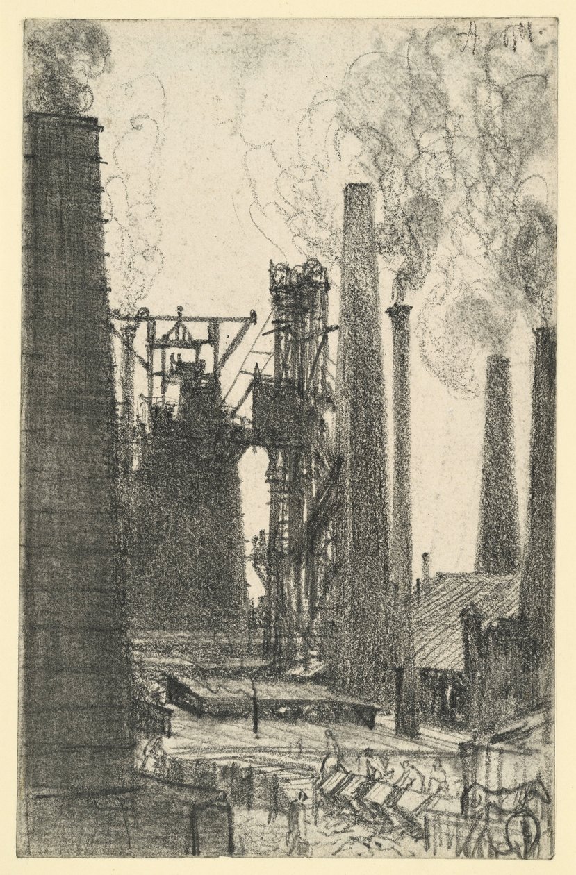 Fabriksplads med rygende skorstene (Königshütte?) af Adolph Menzel