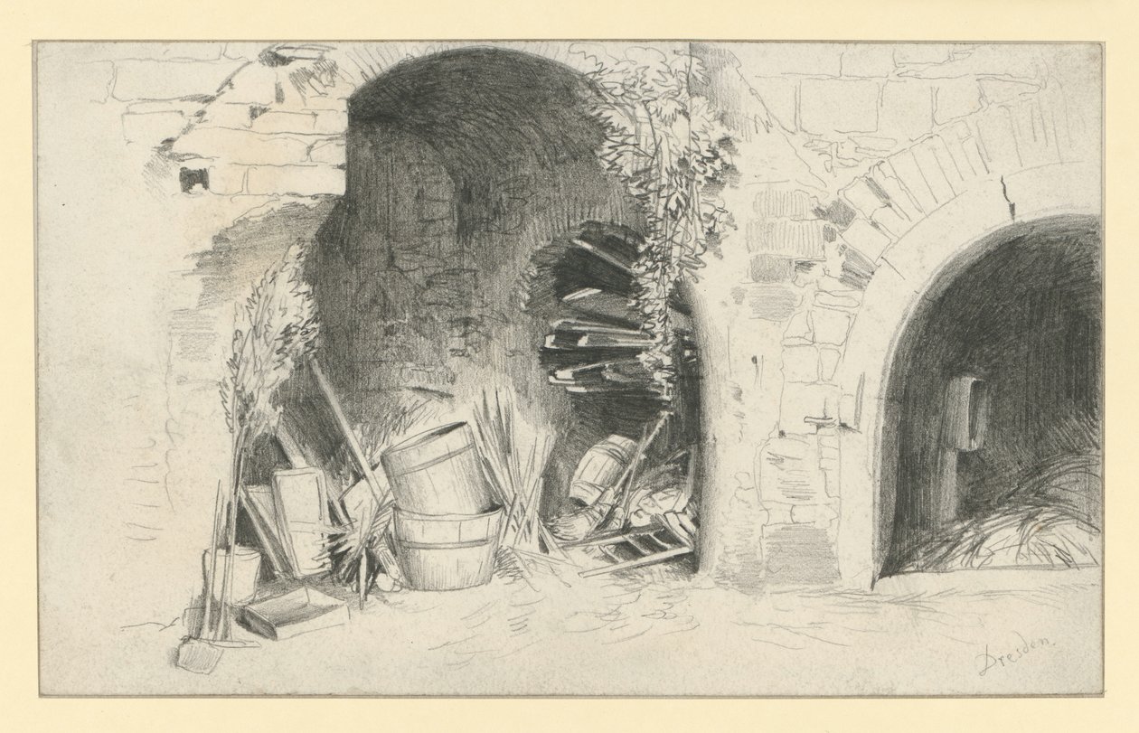 Tønder og brædder under buerne ved Jungfernbastei i Dresden af Adolph Menzel