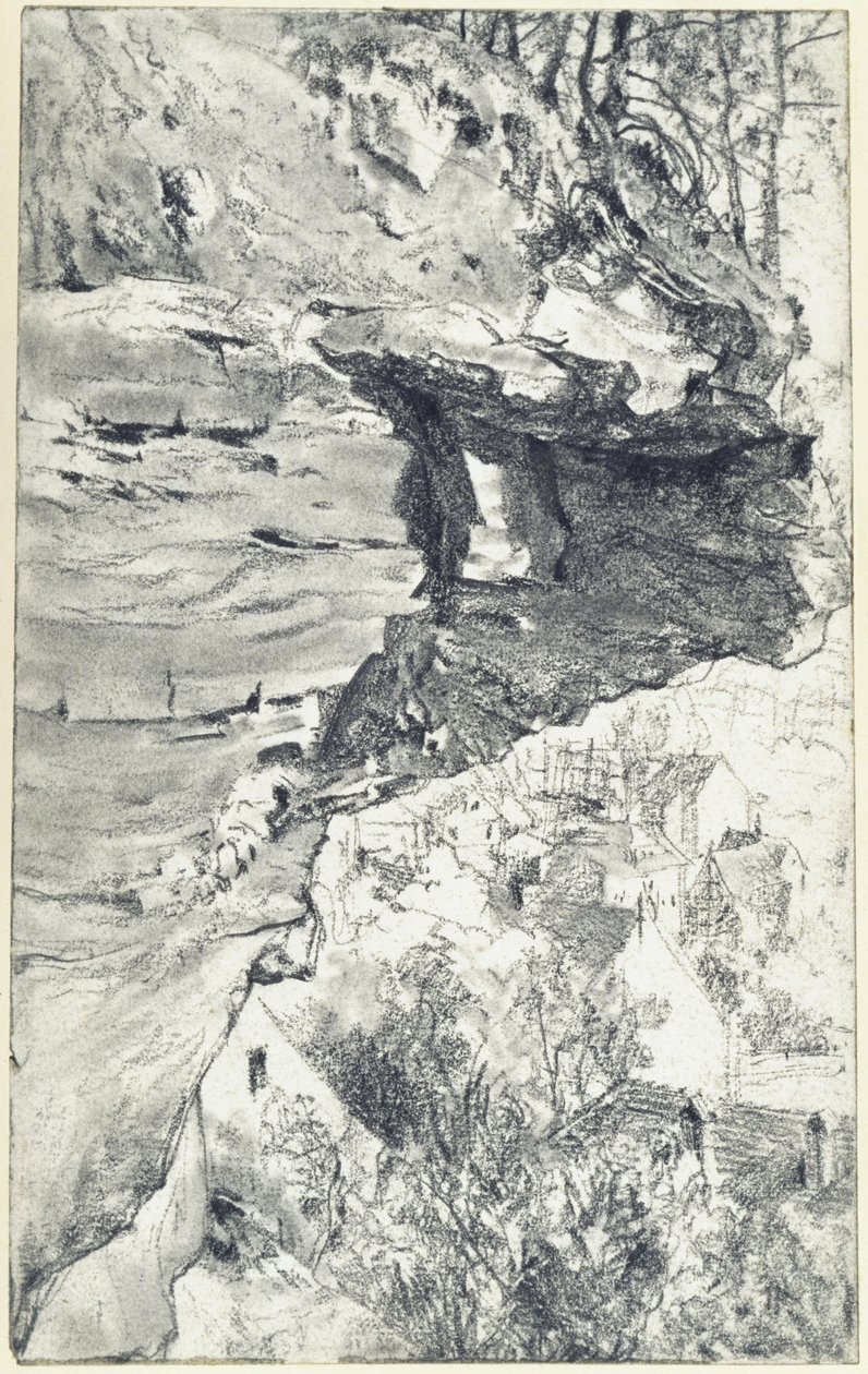 Klippeudspring med landsby i baggrunden (Sächsische Schweiz) af Adolph Menzel