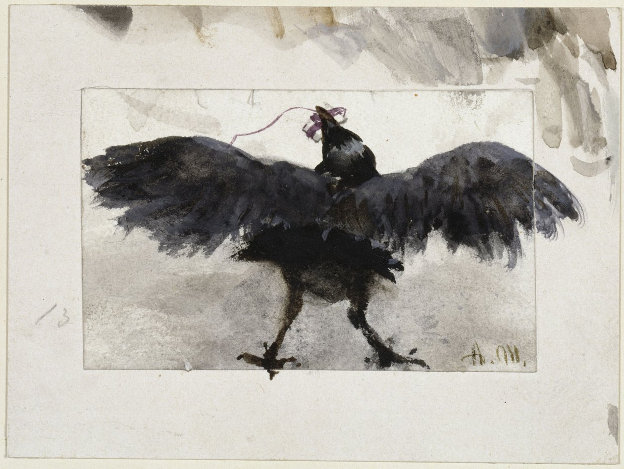En flagrende ravn med en lille pakke i næbbet af Adolph Menzel