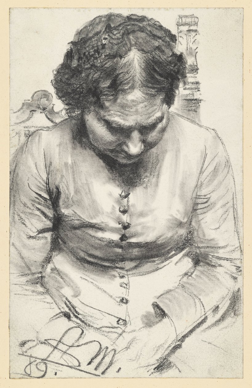 En kvinde med en lille hue, der sidder i en lænestol med hovedet let bøjet af Adolph Menzel