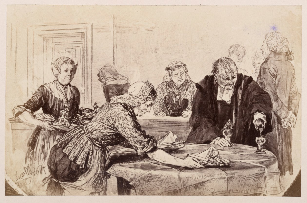 Morgenmads pause. Tjenerinderne dækker bordet, Adam skænker op. Til venstre går dommeren utålmodigt frem og tilbage, som i Heinrich von Kleists »Den knækkede kande« af Adolph Menzel