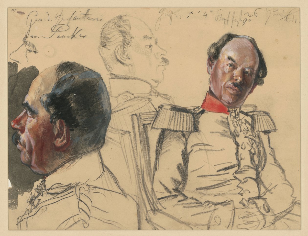 Infanterigeneral Eduard von Peucker, 1. hovedstudie, profil mod venstre, 2. brystbillede let mod højre, blik mod venstre, derimellem hovedstudie, profil mod højre, Porzrät-studier til »Wilhelm I’s kroning i Königsberg« af Adolph Menzel
