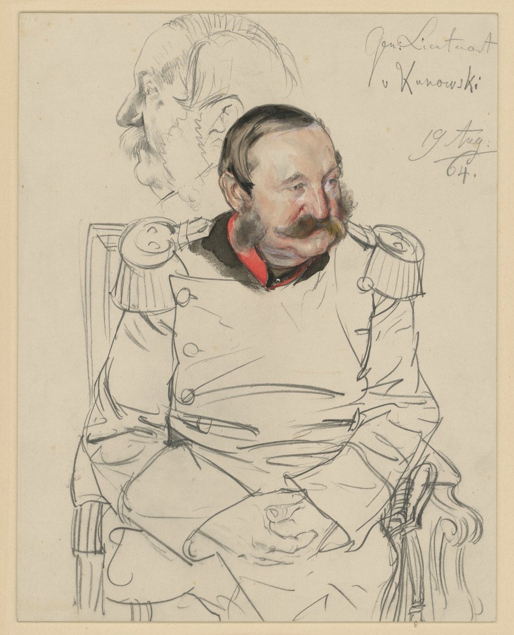 Generalløjtnant von Kumowski, knæbilledet, siddende forfra, hovedet bøjet fremad mod venstre, v.s.: Hovedstudie i profil mod venstre, portrætstudie til »Wilhelm I’s kroning i Königsberg« af Adolph Menzel
