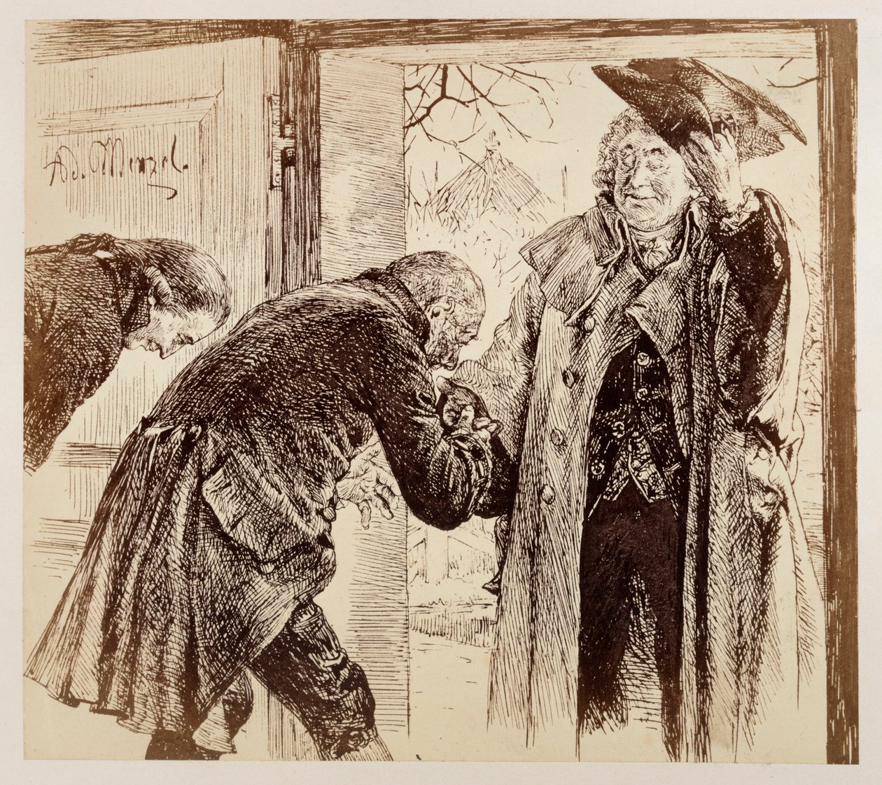 Dommer Walter træder ind ad døren fra højre, idet han venligt løfter på hatten, og bliver underdanigt hilst velkommen af Adam og Licht, til Heinrich von Kleists »Den knuste kande« af Adolph Menzel