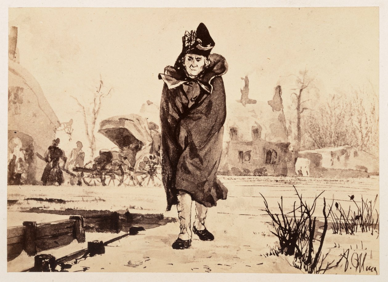 Justitsråd Walther træder frem, indhyllet i sin kappe. Bagved står hans fraspændte rejsevogn, til Heinrich von Kleists »Den sønderslåede krukke« af Adolph Menzel