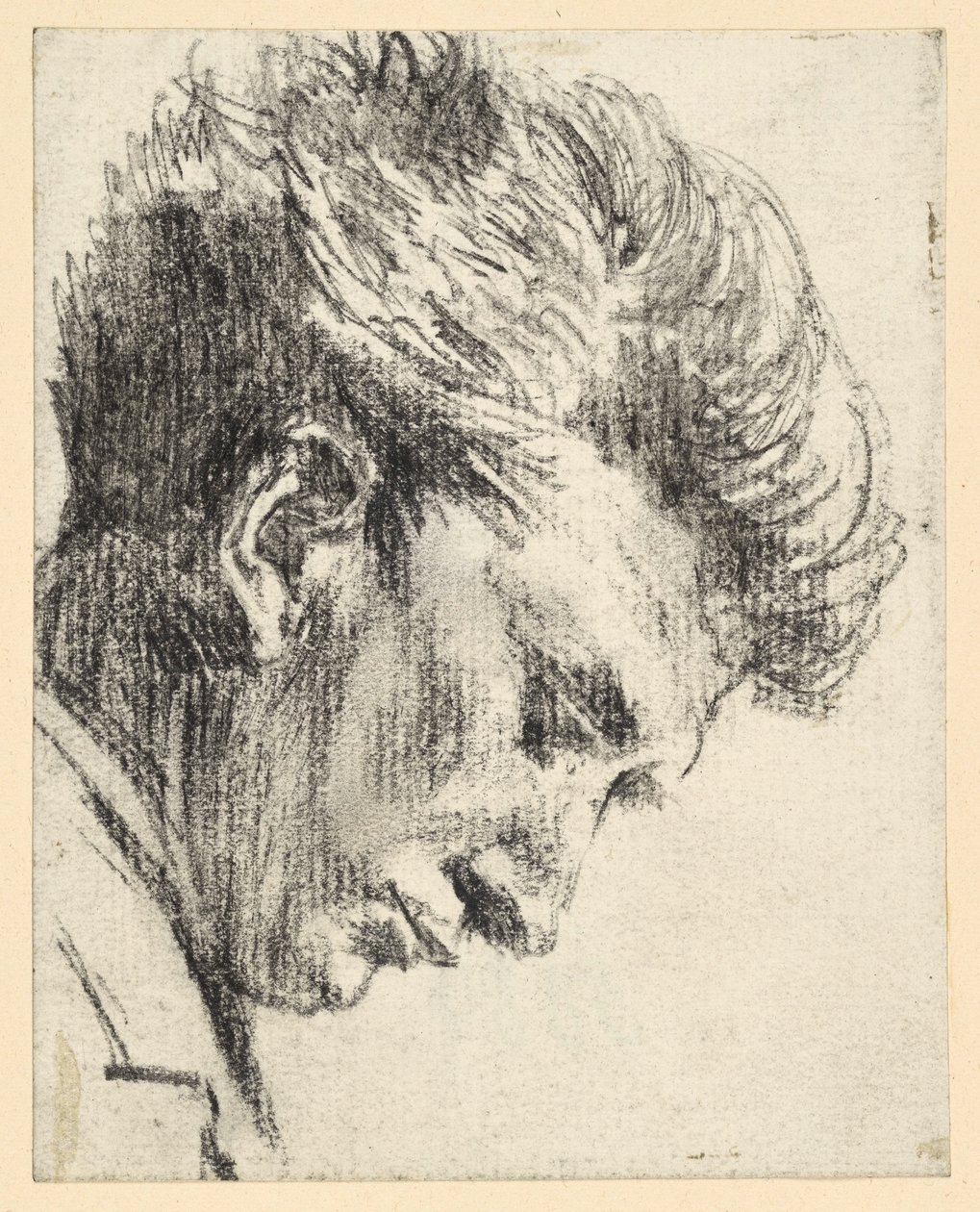 Profil af en mand, der ser ned af Adolph Menzel