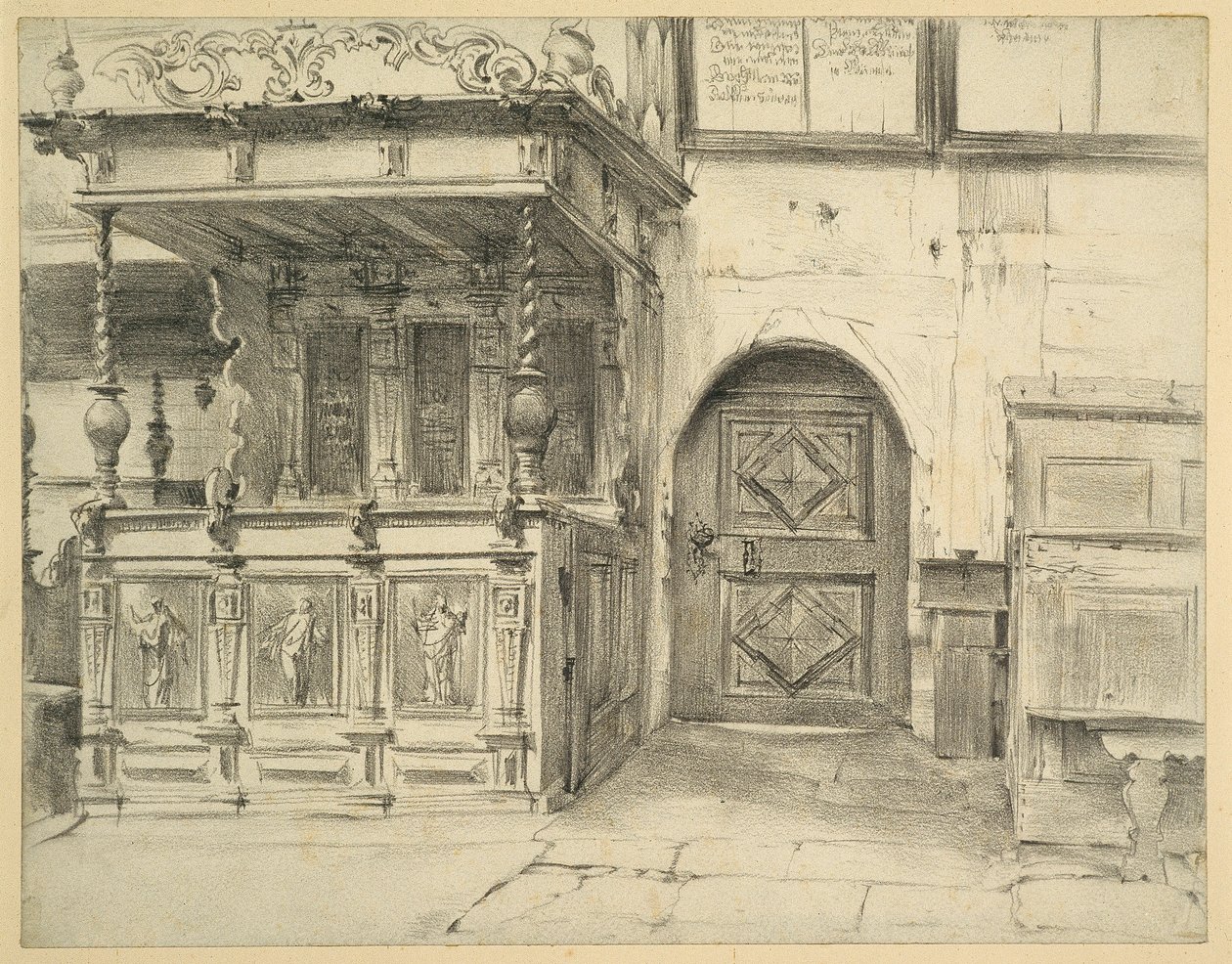 Kirkebænke og dør i Friedenskirche i Jauer af Adolph Menzel