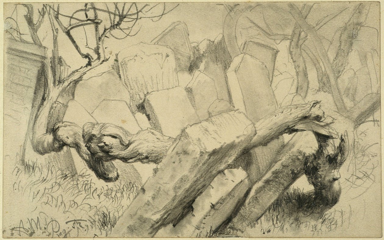 Gravsten på den jødiske kirkegård i Prag af Adolph Menzel