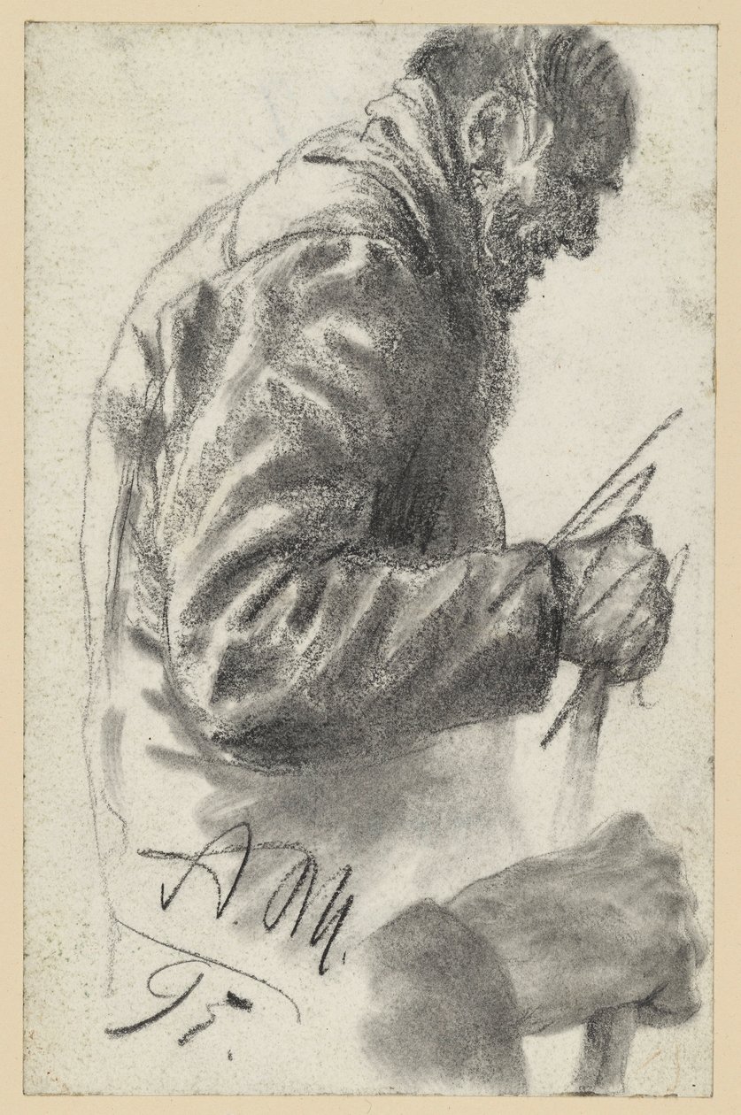 Halvfigur af en gammel mand med stok, hvis højre hånd er forkastet og gentaget nedenunder af Adolph Menzel