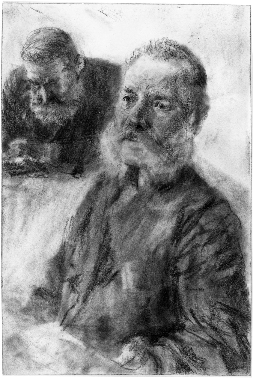 Halvfigur af en skægget mand, i baggrunden endnu et brystbillede af en skægget mand med sænket blik af Adolph Menzel