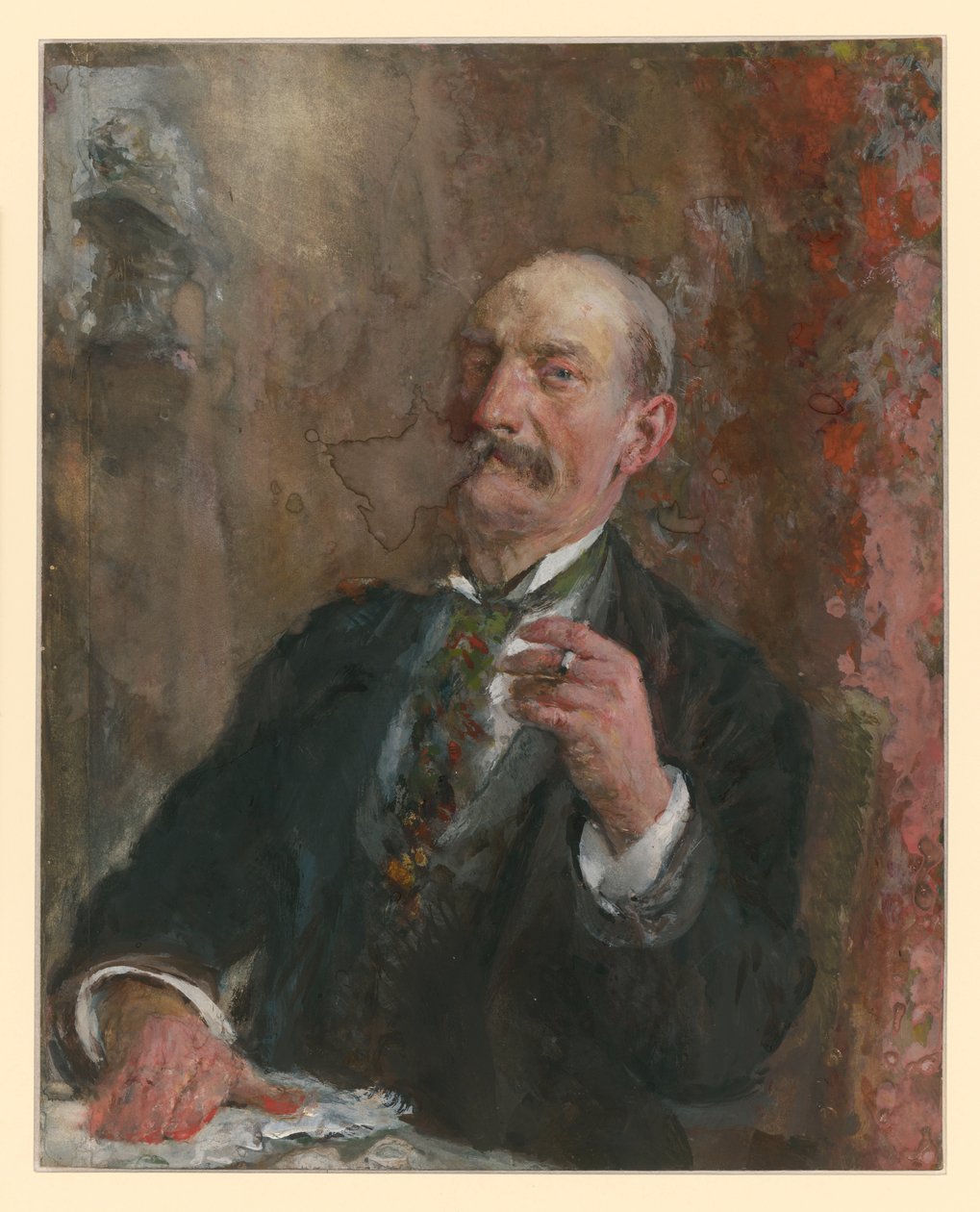 Halvfigur af en siddende mand med højre hånd lagt på bordpladen foran sig og en cigaret i venstre hånd af Adolph Menzel