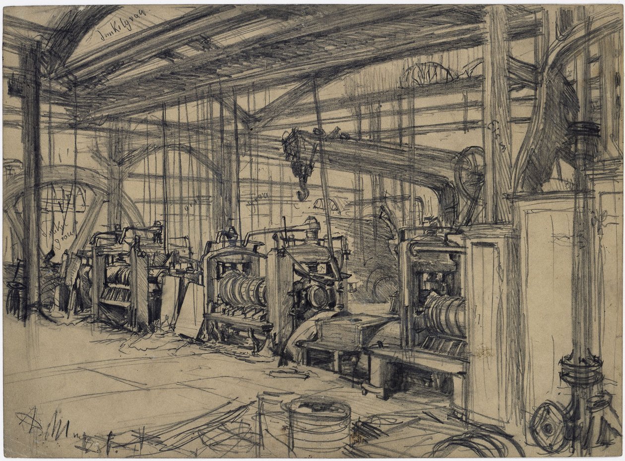Hallen i valseværket i Königshütte. Undersøgelse om »Jernvalseværket. Moderne kykloper« af Adolph Menzel