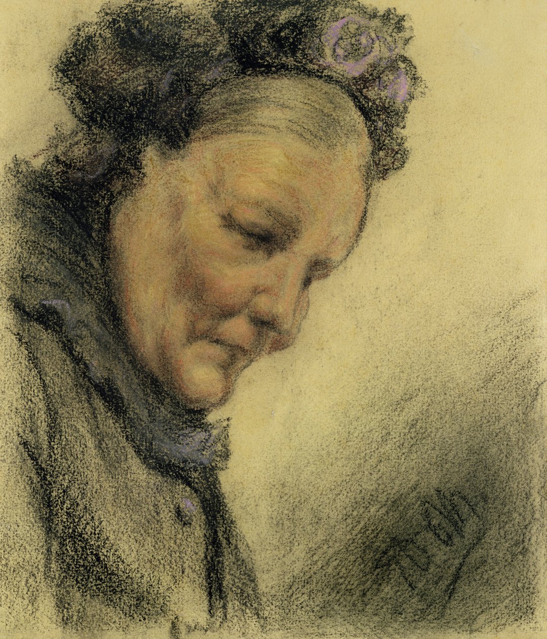 Head of an Old Lady (farveblyant og pastel på papir) af Adolph Menzel