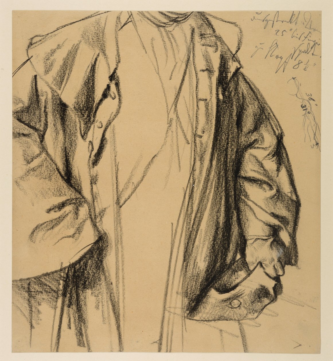 Heinrich von Kleist, Den knækkede krukke: Modellstudie af en officer i frakke, hovedet ikke afbildet, halvfigur med hat i venstre hånd og stok i højre af Adolph Menzel