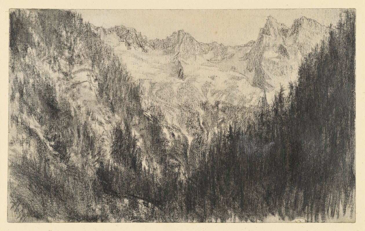 Høje bjerge med granskov i forgrunden af Adolph Menzel