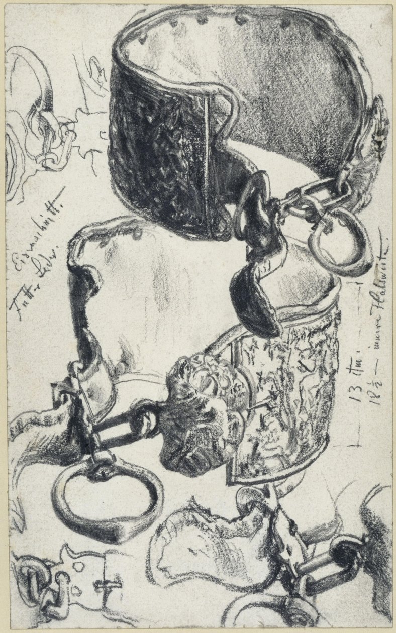 Hundehalsbånd til en »Saupacker« fra det 17. århundrede set fra to vinkler samt detaljerede studier, Historisk Museum, Dresden af Adolph Menzel
