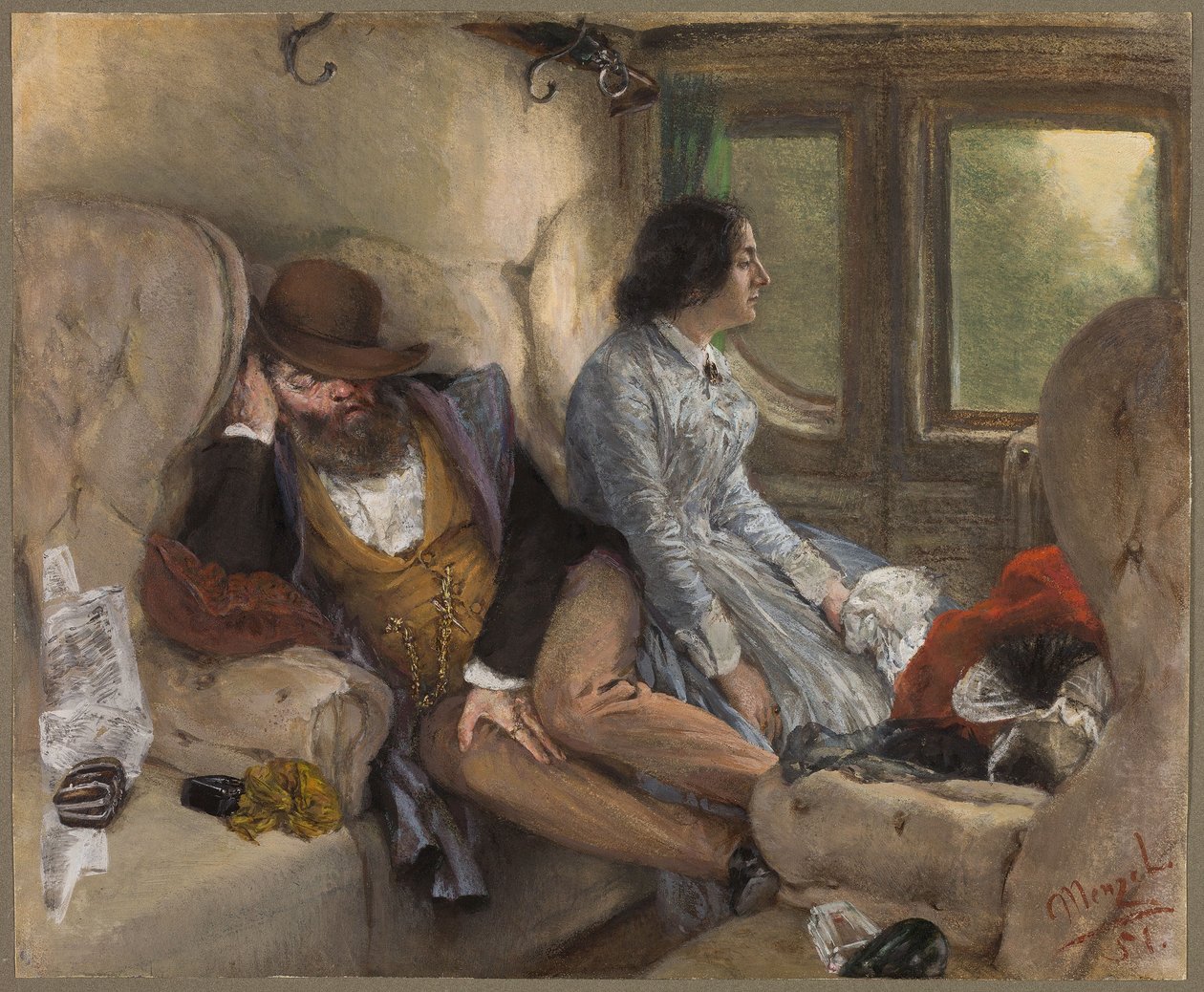 I en jernbanevogn (Efter en nats rejse) af Adolph Menzel