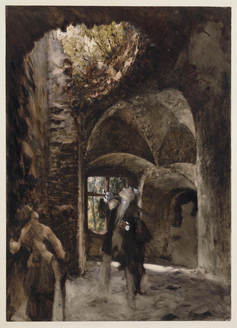 I ruinen står en herre og en dame på et trappeafsats og kigger op mod et stort hul i hvælvingen af Adolph Menzel