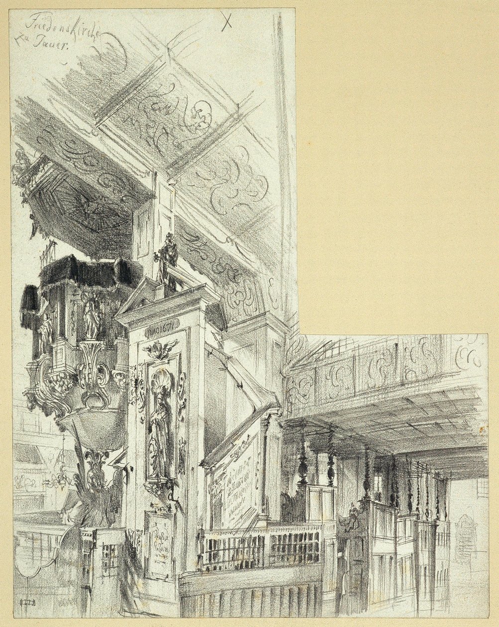 Interiør med prædikestol i Fredskirken i Jawor af Adolph Menzel