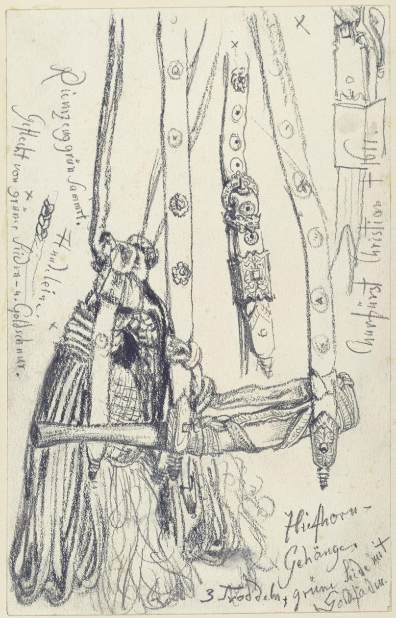Jagthorn, hornrem og hornsnor til Johan Georg 1. af Sachsens jagtvåbensæt med smaragder, Historisk Museum, Dresden af Adolph Menzel