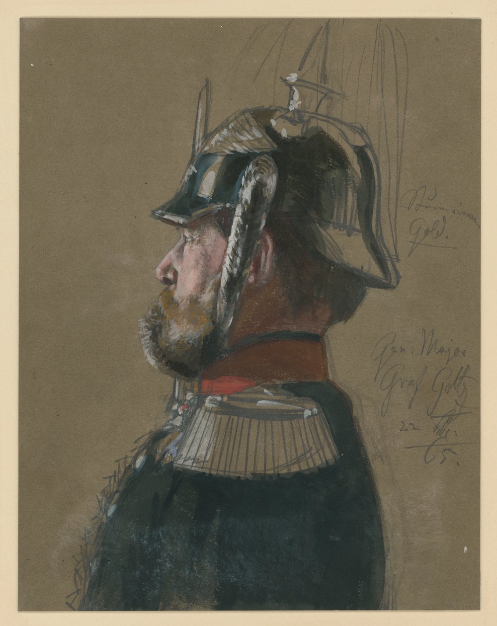 Karl Friedrich greve von Goltz, generalmajor, brystbillede med hjelm og kårde, profil mod venstre, portrætstudie til „Kroningen af Wilhelm I i Königsberg“ af Adolph Menzel