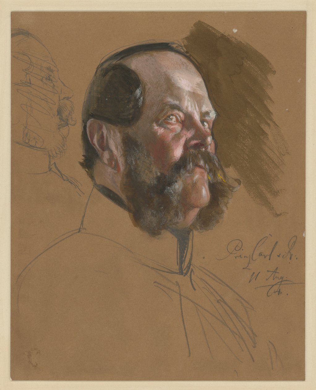 Karl, prins af Preussen, brystbillede, 3/4-profil mod højre set nedefra, til venstre: ansigt i profil mod højre (streget over), portrætstudie til »Wilhelm I’s kroning i Königsberg« af Adolph Menzel