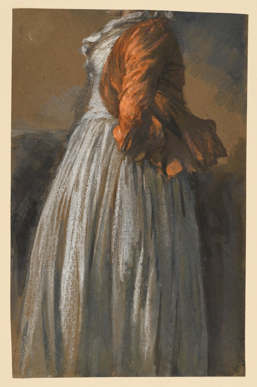 Studie af en kjole og en jakke på en kvindelig figur, der står vendt mod højre af Adolph Menzel