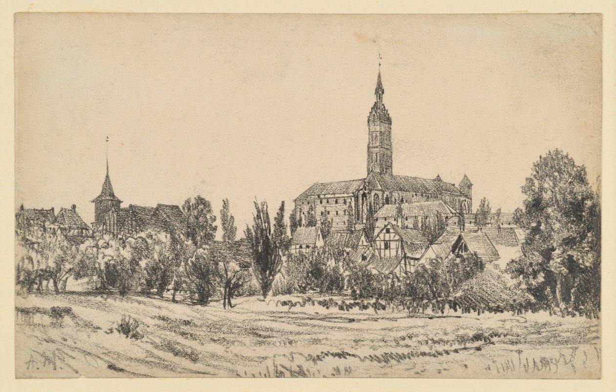 Lille by med et højt kirketårn af Adolph Menzel