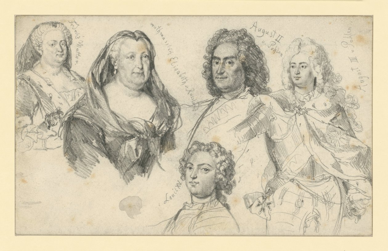Dronning Sophie Dorothea af Preussen, kejserinde Elisabeth af Rusland, kong August 2. af Polen, kong August 3. af Polen, Ludvig 15. af Frankrig af Adolph Menzel
