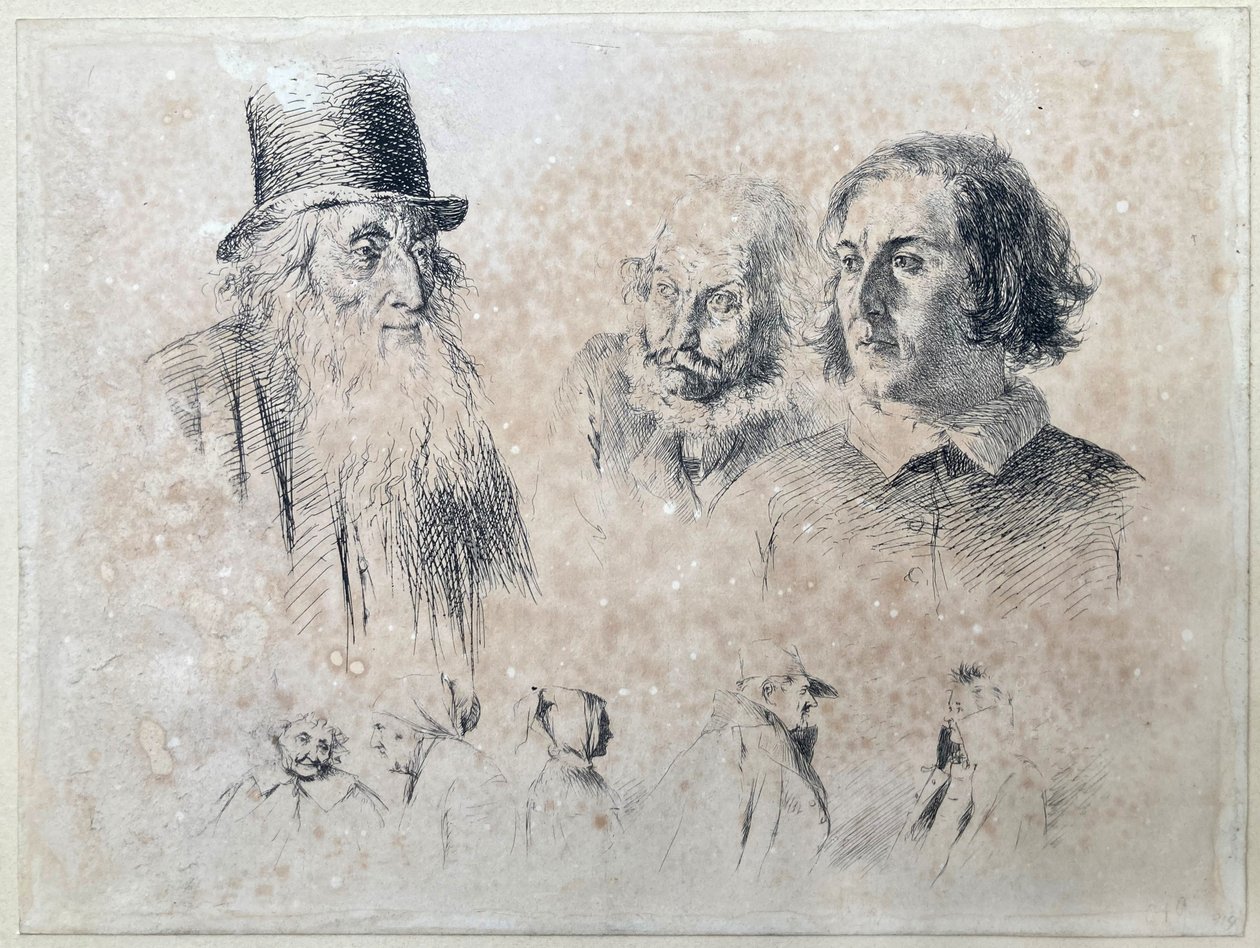 Hoved- og figurstudier, ark 2 fra serien »Radir-forsøg« af Adolph Menzel