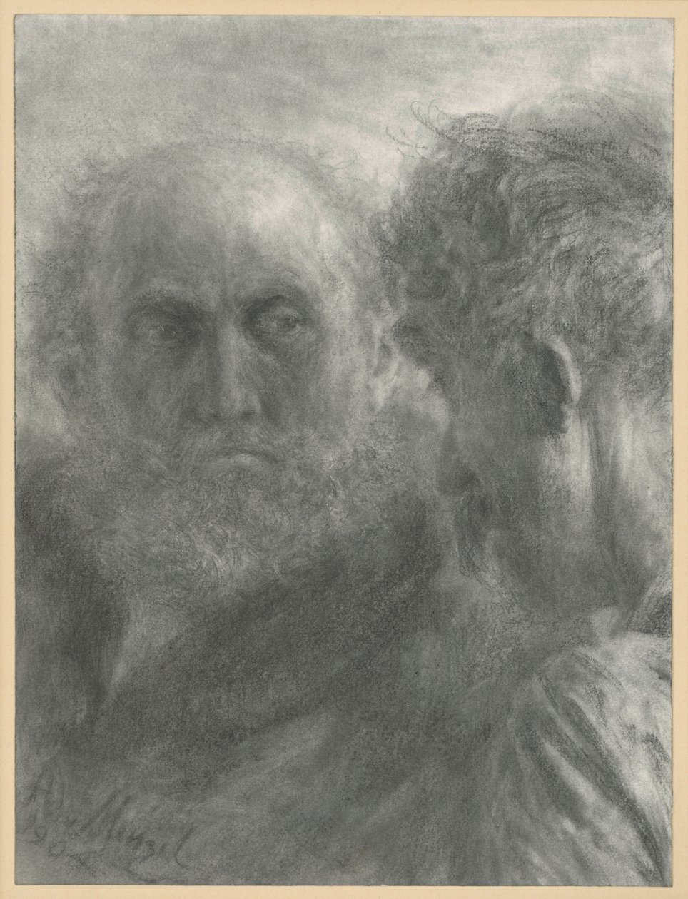 Hovederne på to gamle, skæggede mænd af Adolph Menzel