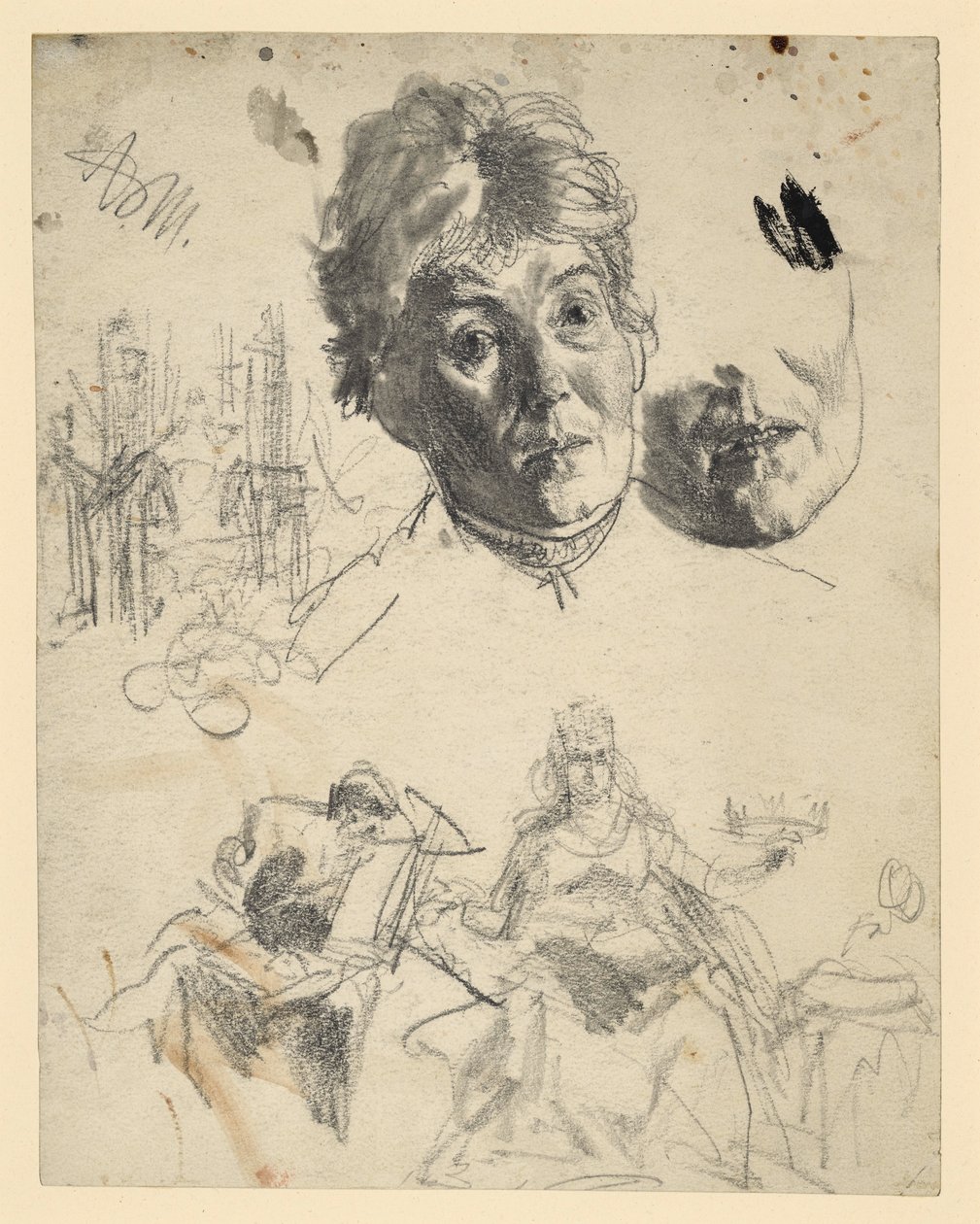 Hovedet af en ældre kvinde, hvor hagepartiet gentages, arkitektonisk skitse, figurativ skitse til en allegori af Adolph Menzel