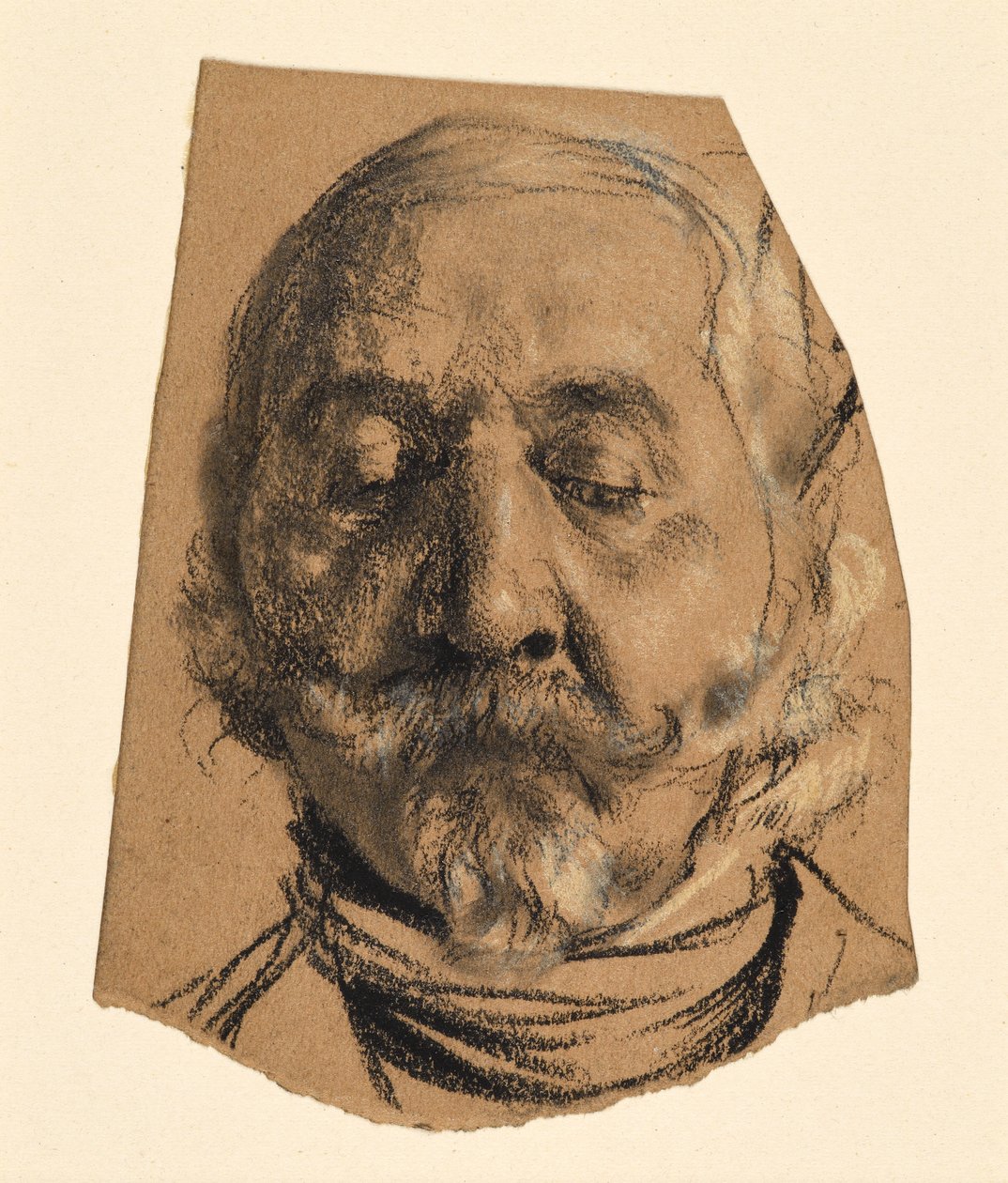 En mands hoved med overskæg, fipskæg og lukkede øjne af Adolph Menzel