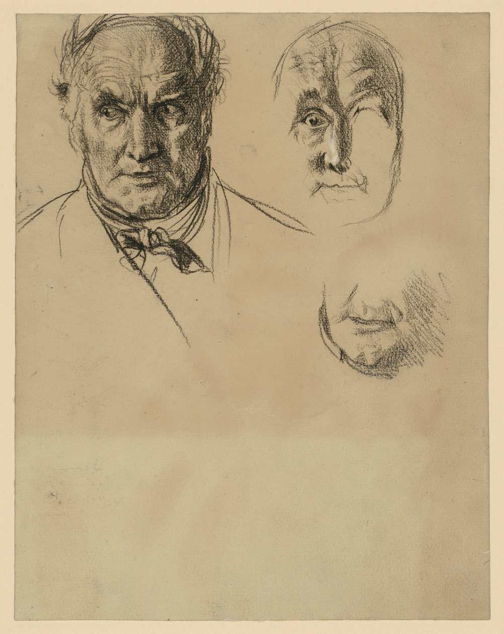 Hovedet af en ældre mand med halstørklæde og to detaljestudier af ansigtet af Adolph Menzel