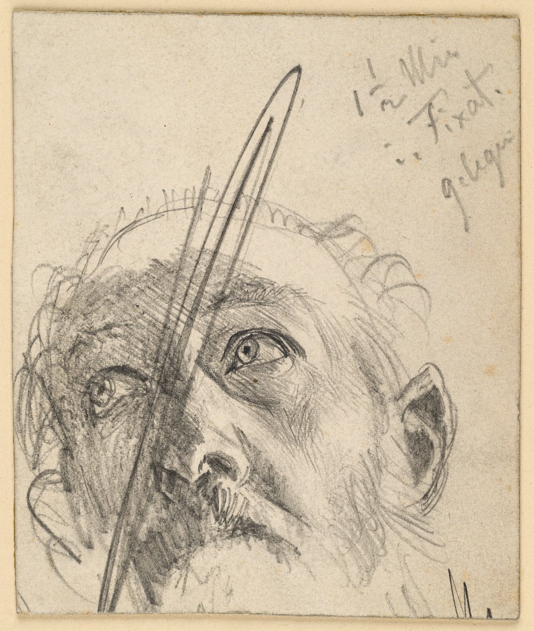 Hoved af en mand med overskæg, der ser opad, med hovedet let bøjet til siden af Adolph Menzel