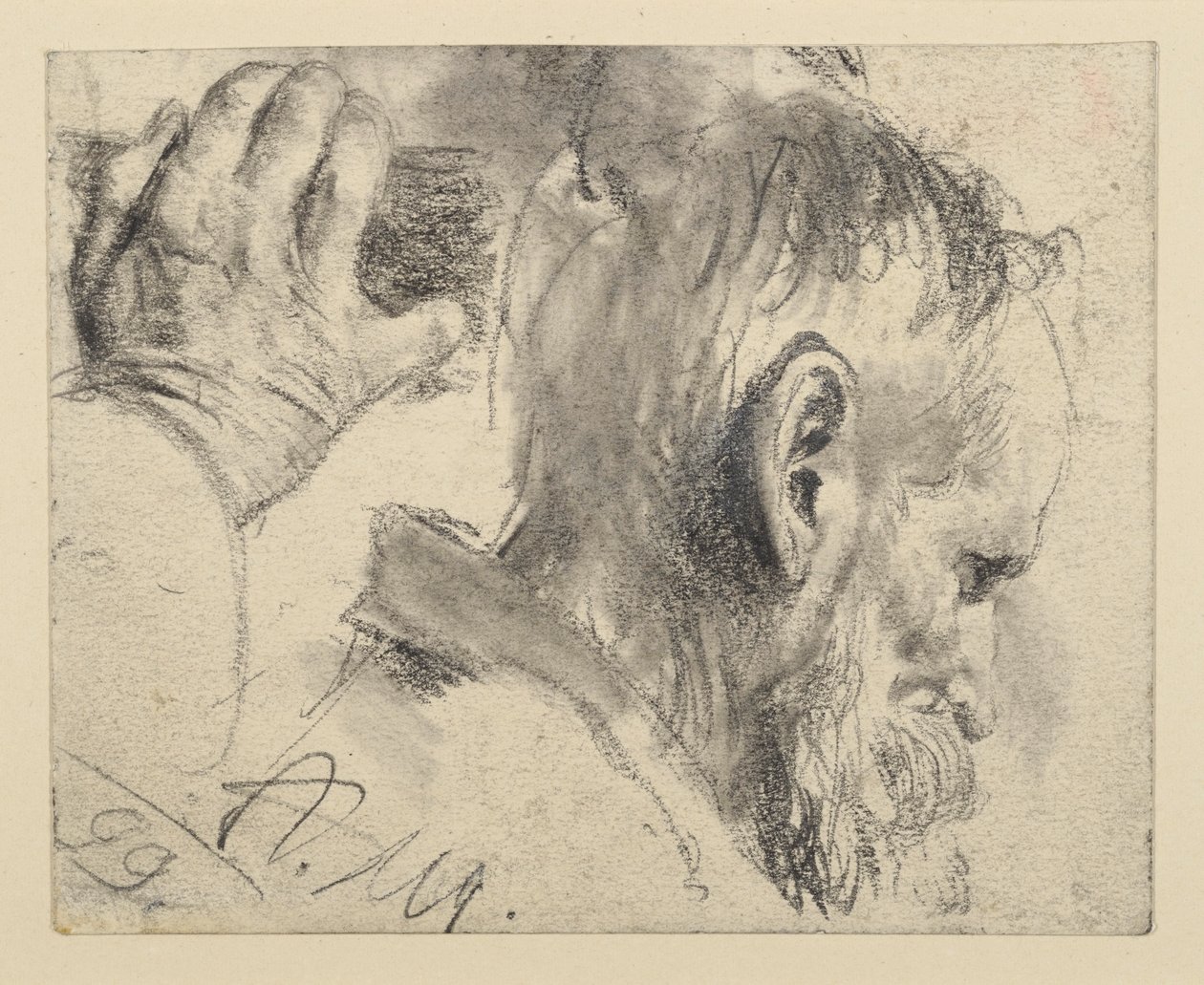 Hovedet af en skægget mand, let bøjet nedad, mod højre, og højre hånd af Adolph Menzel