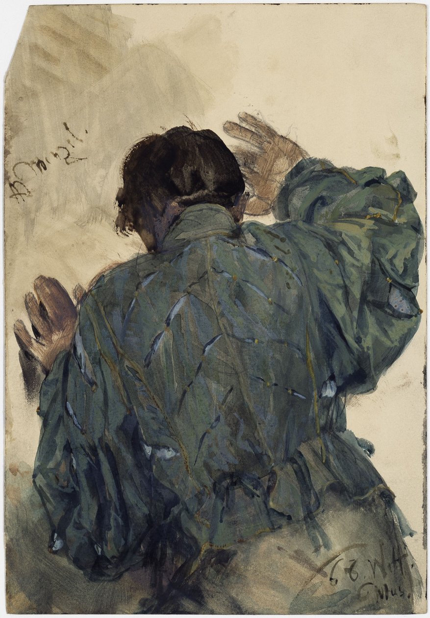 Kostumestudie af en mand set bagfra, lænet op ad væggen, Welfenmuseum i Hannover af Adolph Menzel