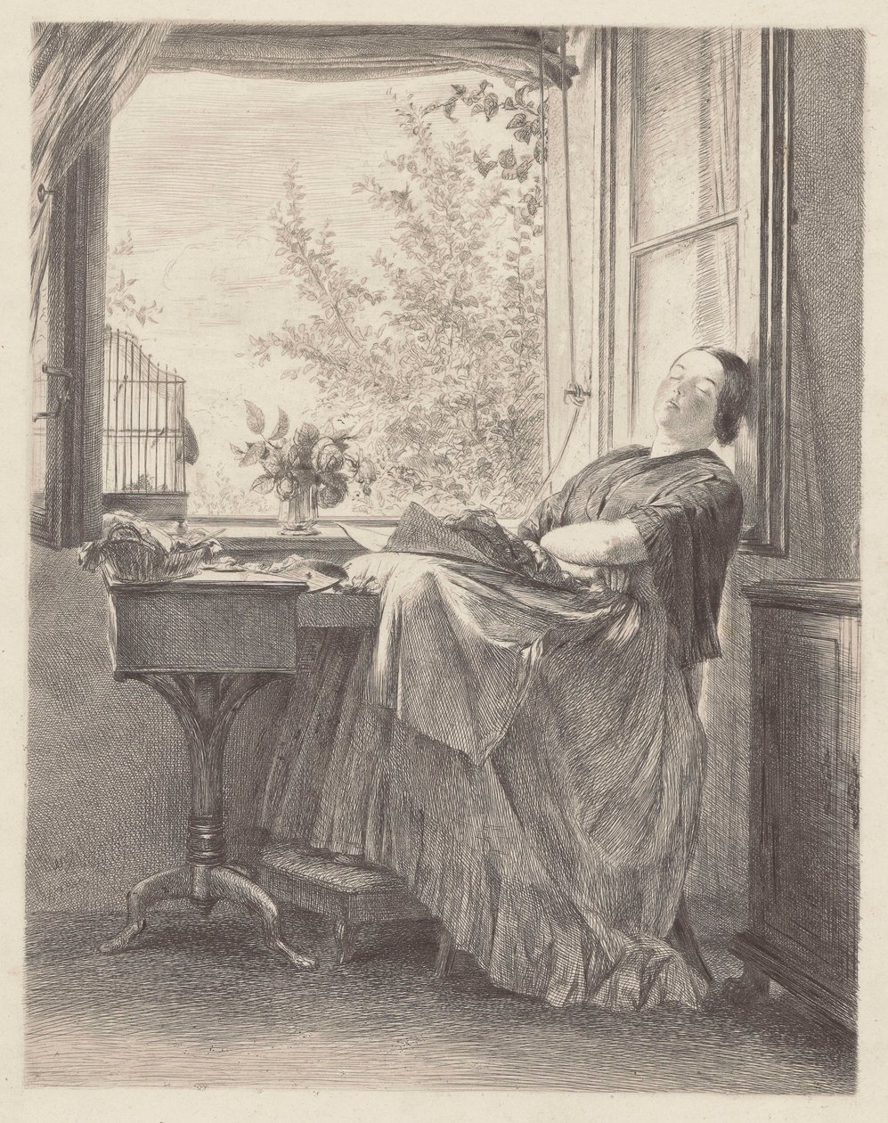 Syerske sovende ved vinduet (Emilia, Menzels søster, senere fru Krigar). af Adolph Menzel