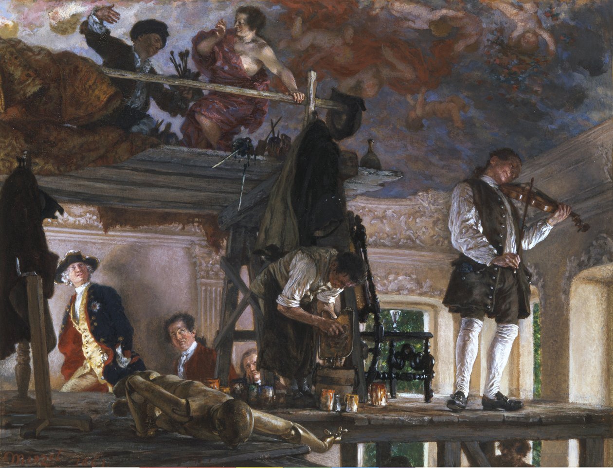 Kronprins Friedrich besøger maleren Pesne på malerstativet i Rheinsberg af Adolph Menzel