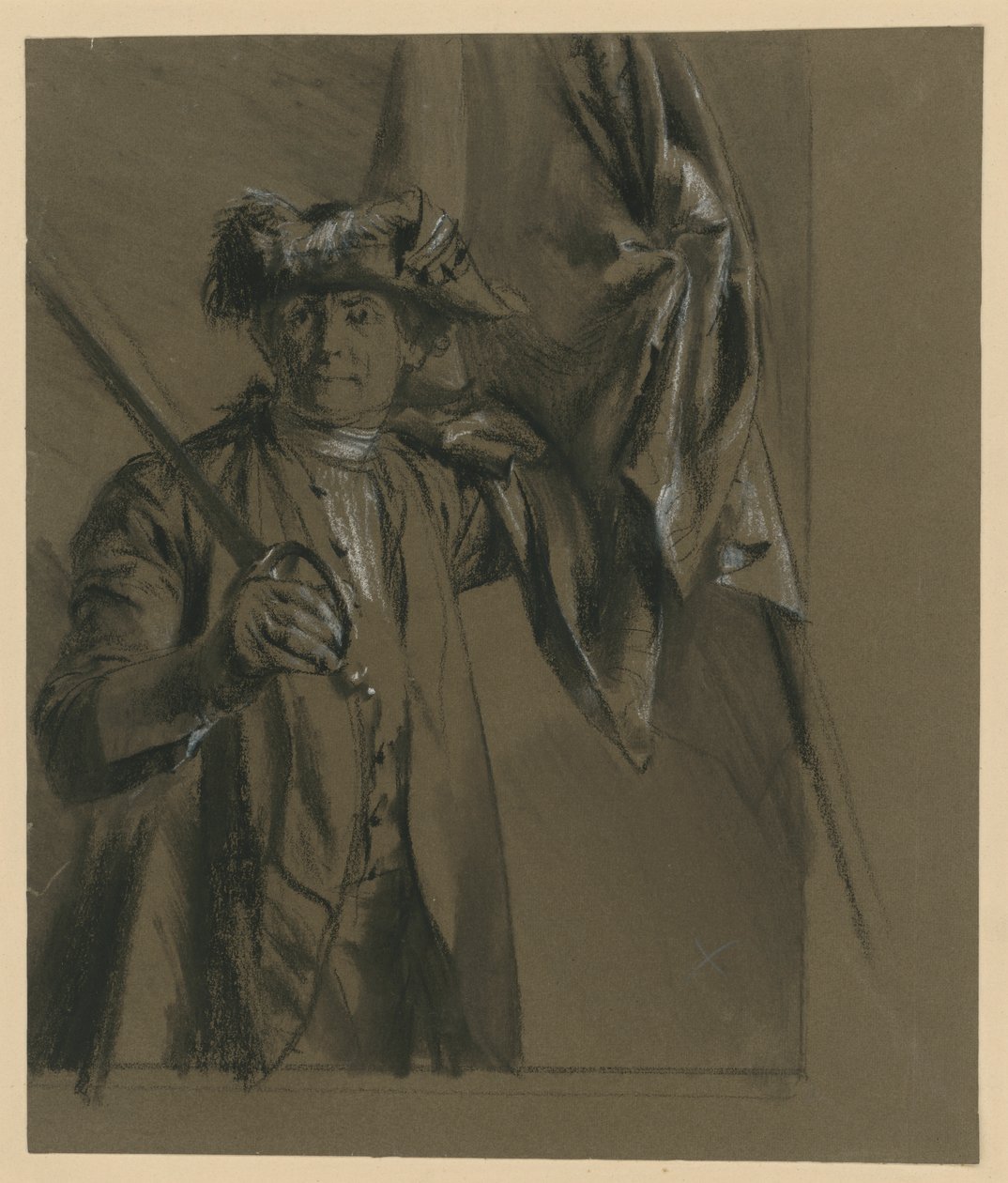 Kurt Christoph, greve von Schwerin, preussisk generalfeltmarskal med fane og kårde, modelstudie til »Fra kong Frederiks tid. Krigs- og fredshelte«, 1856 (til Bock 1070) af Adolph Menzel