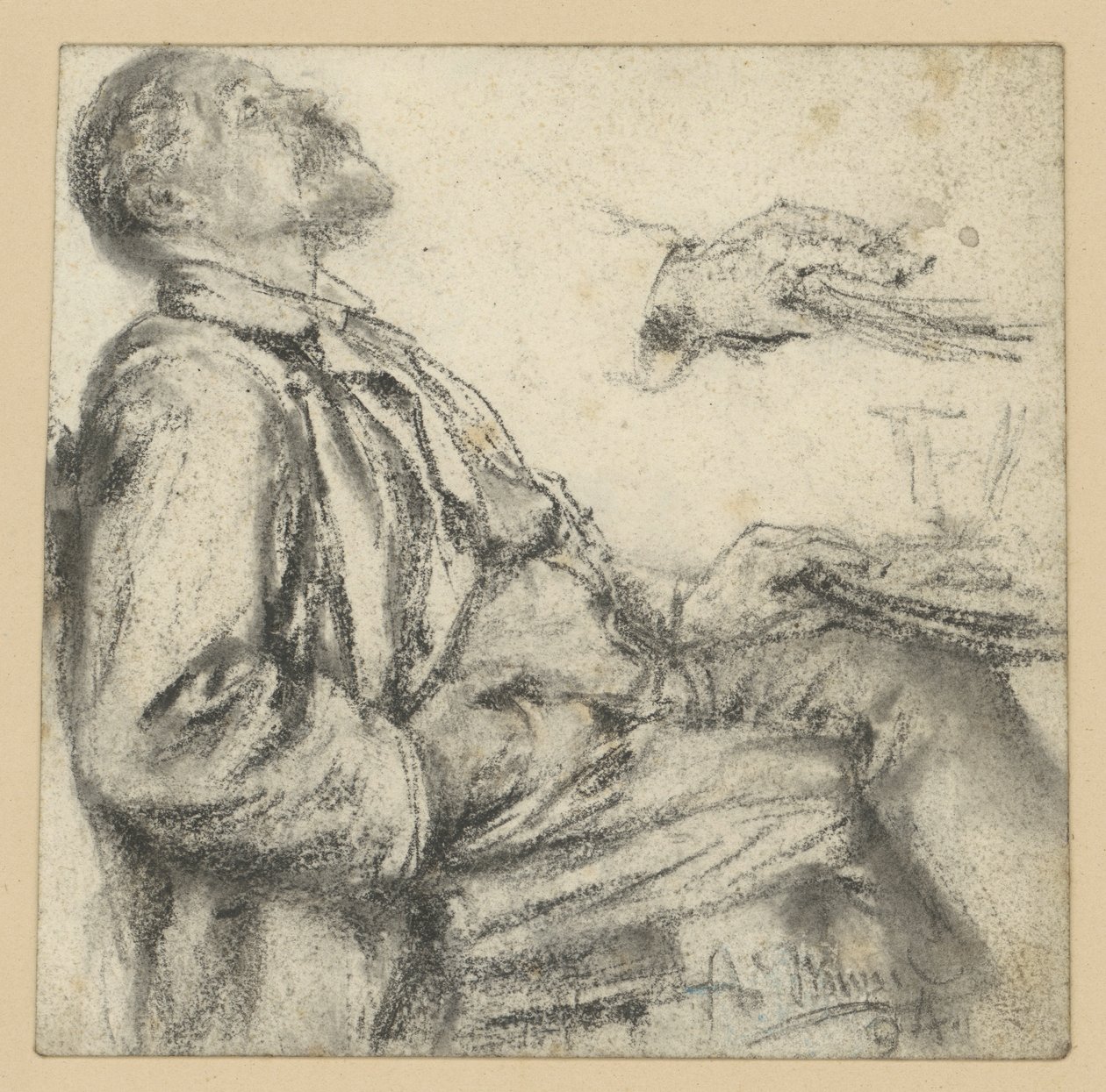 Mand siddende ved et bord, vendt mod højre, med hovedet lænet tilbage og blikket rettet opad samt håndstudie af Adolph Menzel