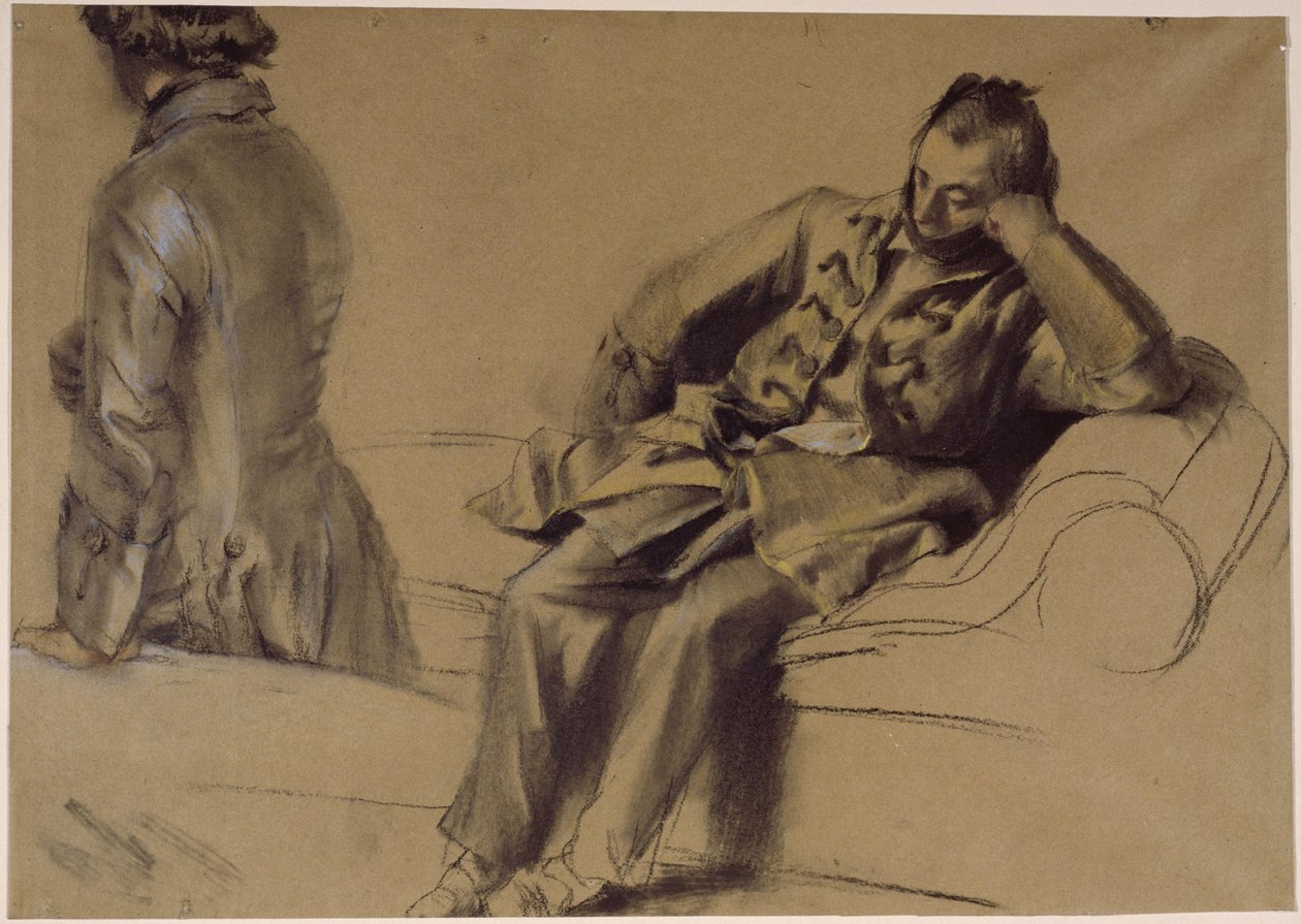En mand i en snøret kåbe sidder på sofaen, en anden går forbi af Adolph Menzel
