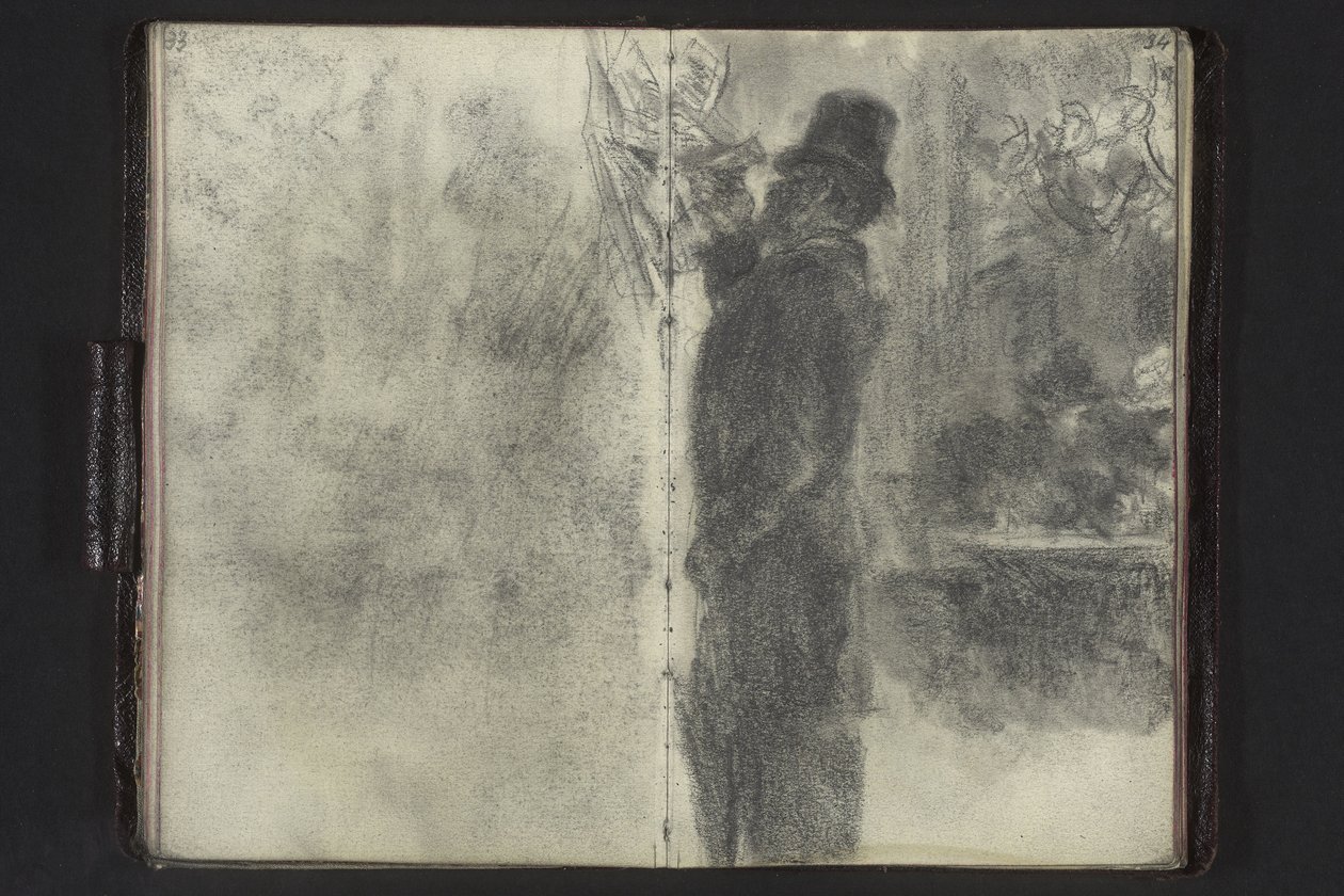 En mand med høj hat og paraply, der gennemser nogle sedler, der hænger på væggen af Adolph Menzel