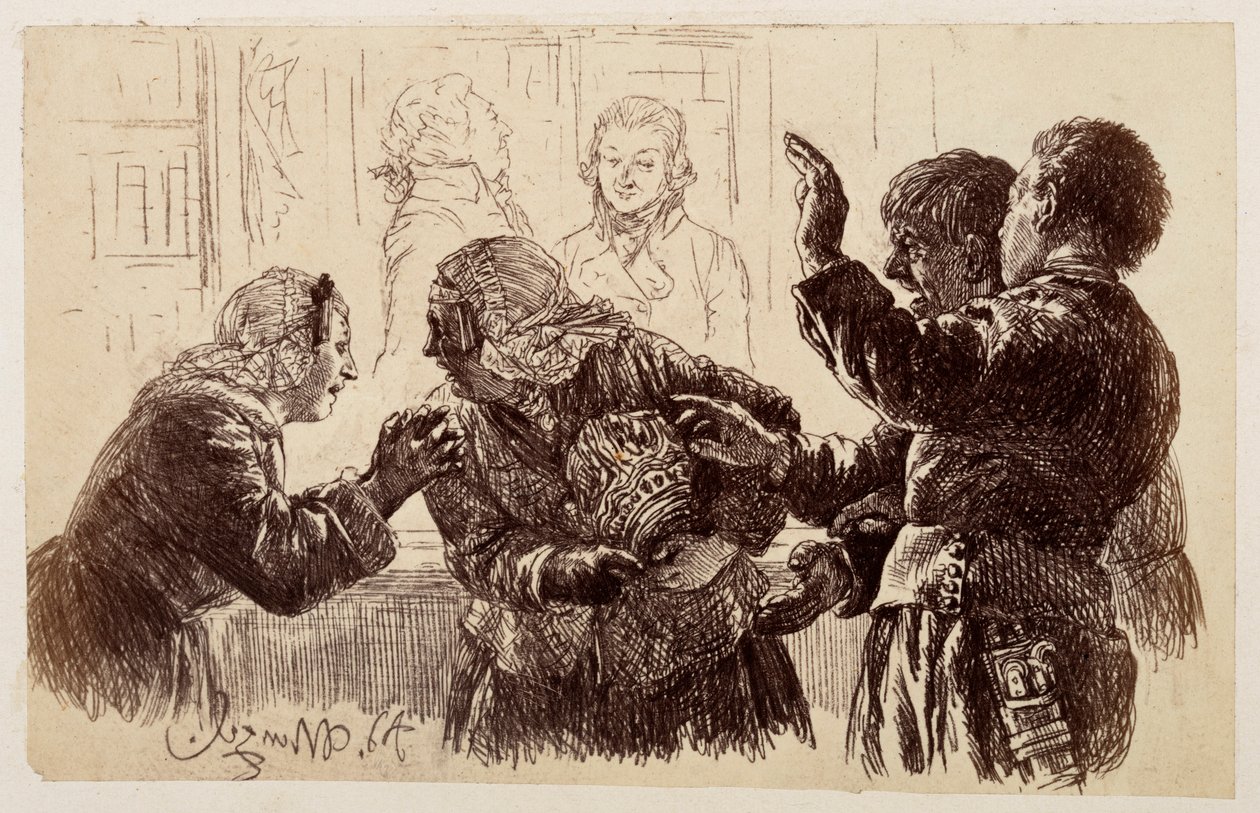 Marthe, med kandefragmenterne i armene, står mellem Veit og Ruprecht, mens Eve beder sin mor om at afstå fra at klage, efter Heinrich von Kleists »Den knuste kande« af Adolph Menzel