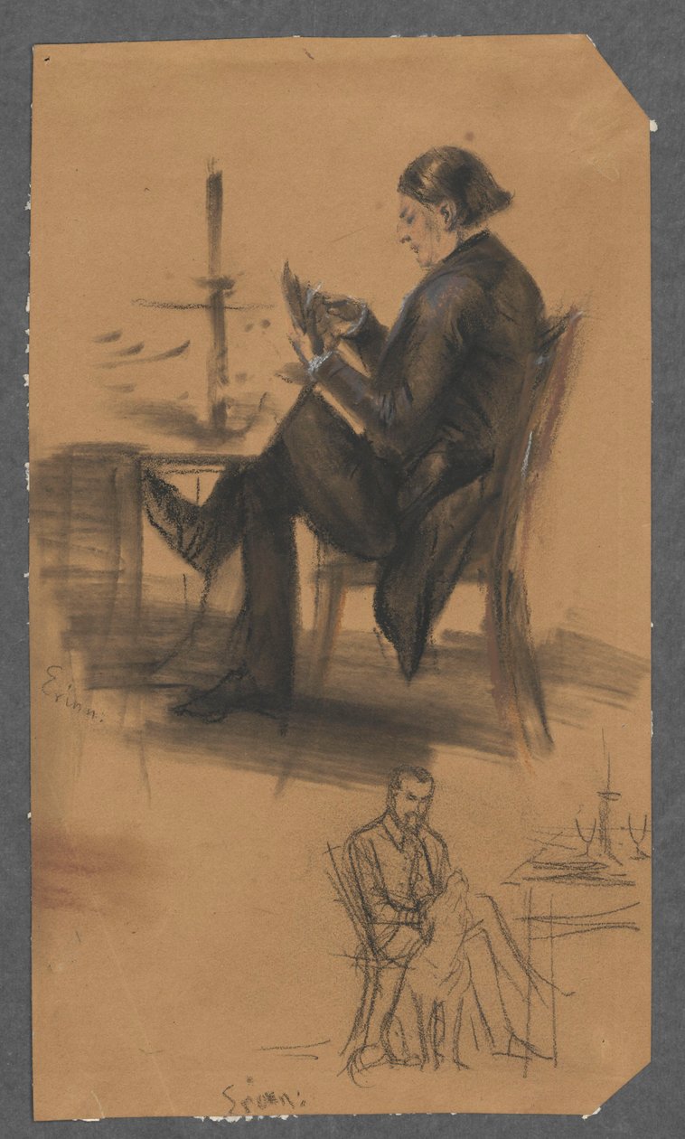 En mand med kort i hånden ved et spillebord (øverst); en mand, der sidder ved bordet og klapper en hund (nederst) af Adolph Menzel