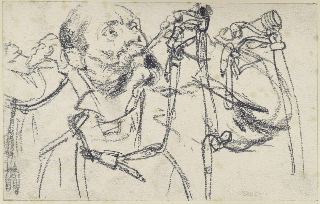 Model, der blæser i jagthornet til Johann Georg I af Sachsens smaragdgrønne jagtvåbensæt, set fra tre vinkler, Historisk Museum, Dresden af Adolph Menzel