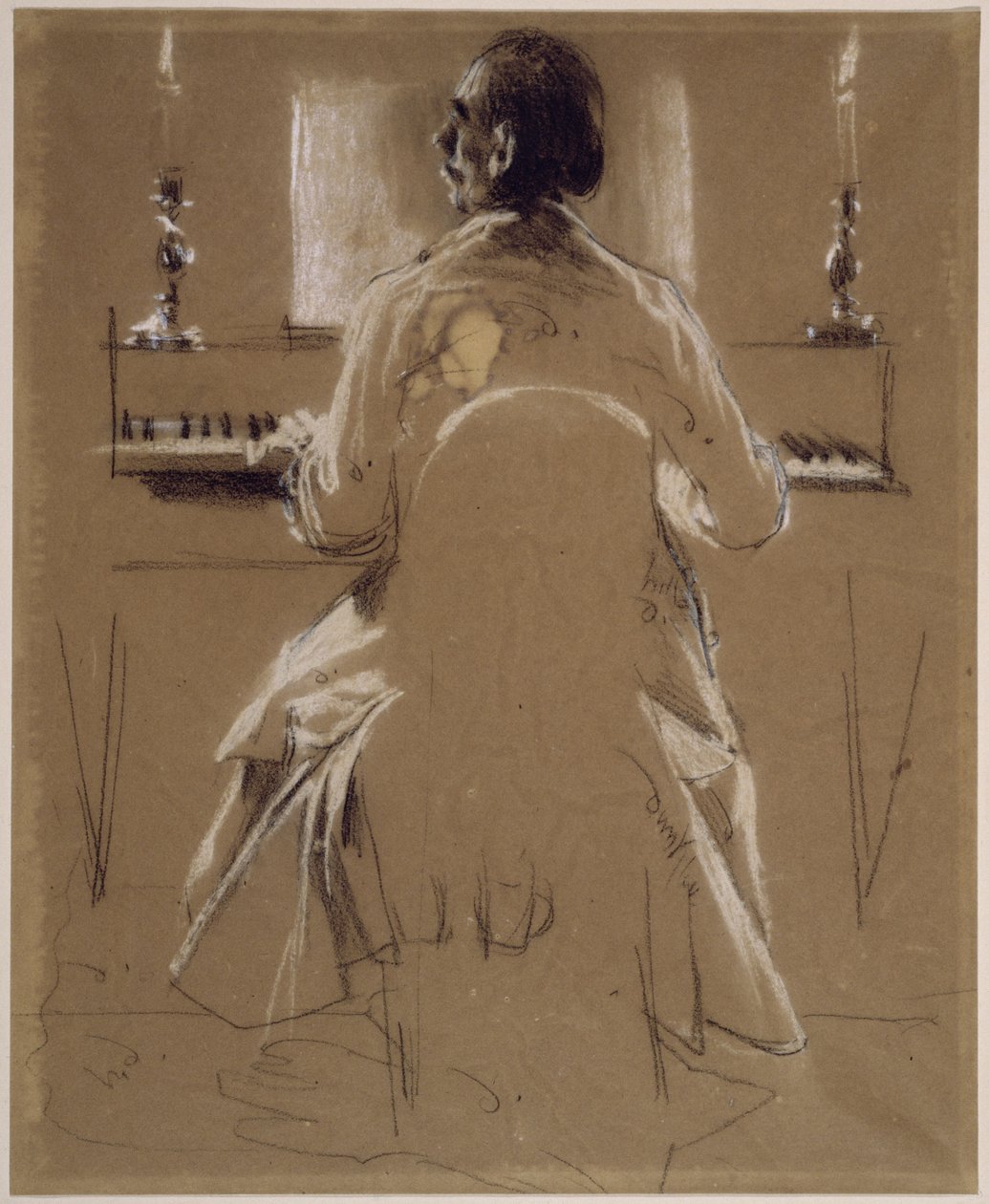 Modelstudie (Menzels bror Richard) af Philipp Emanuel Bach ved klaveret eller hammerklaveret. Forstudie til maleriet »Friederich den Stores fløjtekoncert i Sanssouci« af Adolph Menzel