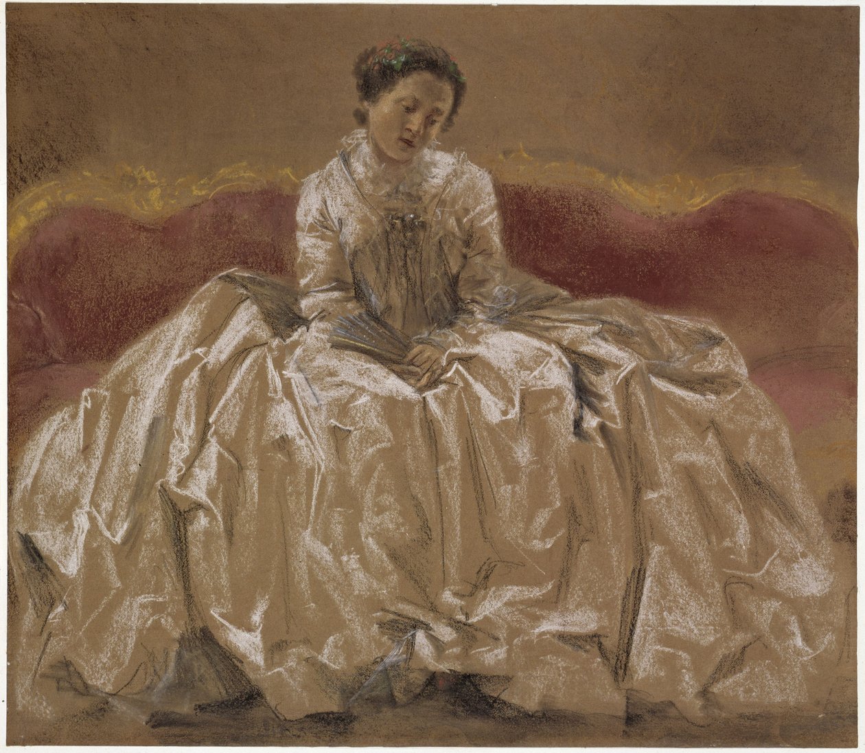 Modelstudie (Menzels søster Emilie) af prinsesse Wilhelmine af Preussen (markgrevinde Wilhelmine af Bayreuth), siddende på sofaen. Forstudie til maleriet »Friederich den Stores fløjtekoncert i Sanssouci« af Adolph Menzel